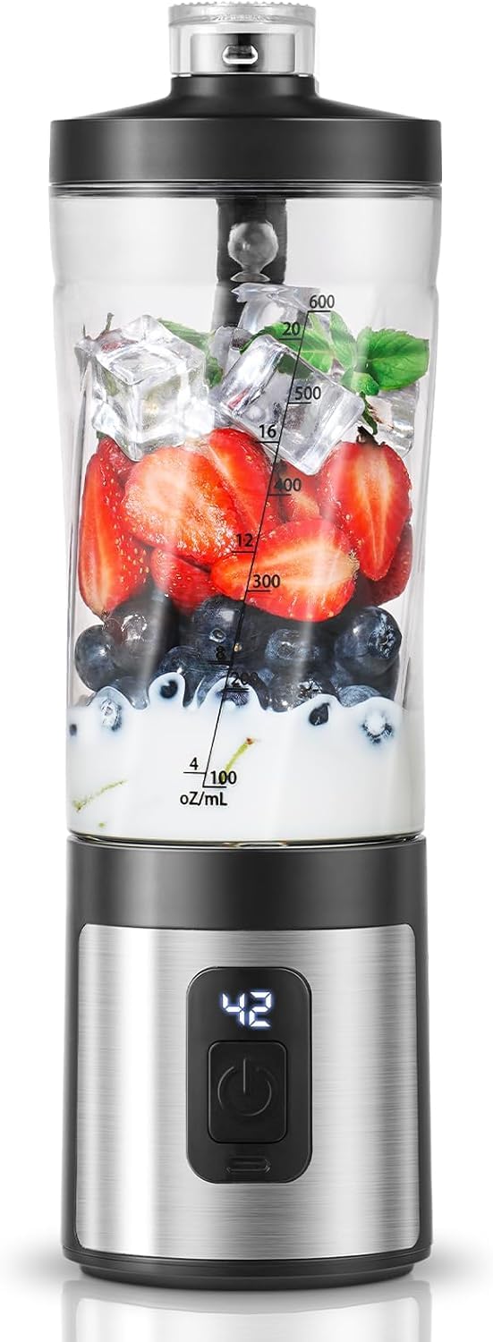 AMZCHEF Frullatore Portatile da 600 ml, display digitale e bicchiere senza BPA,Mini Frullatore con 6 lame,6000 mAh ricarica rapida USB-C 2H (15 cicli) per frullati/smoothie/proteine in polvere