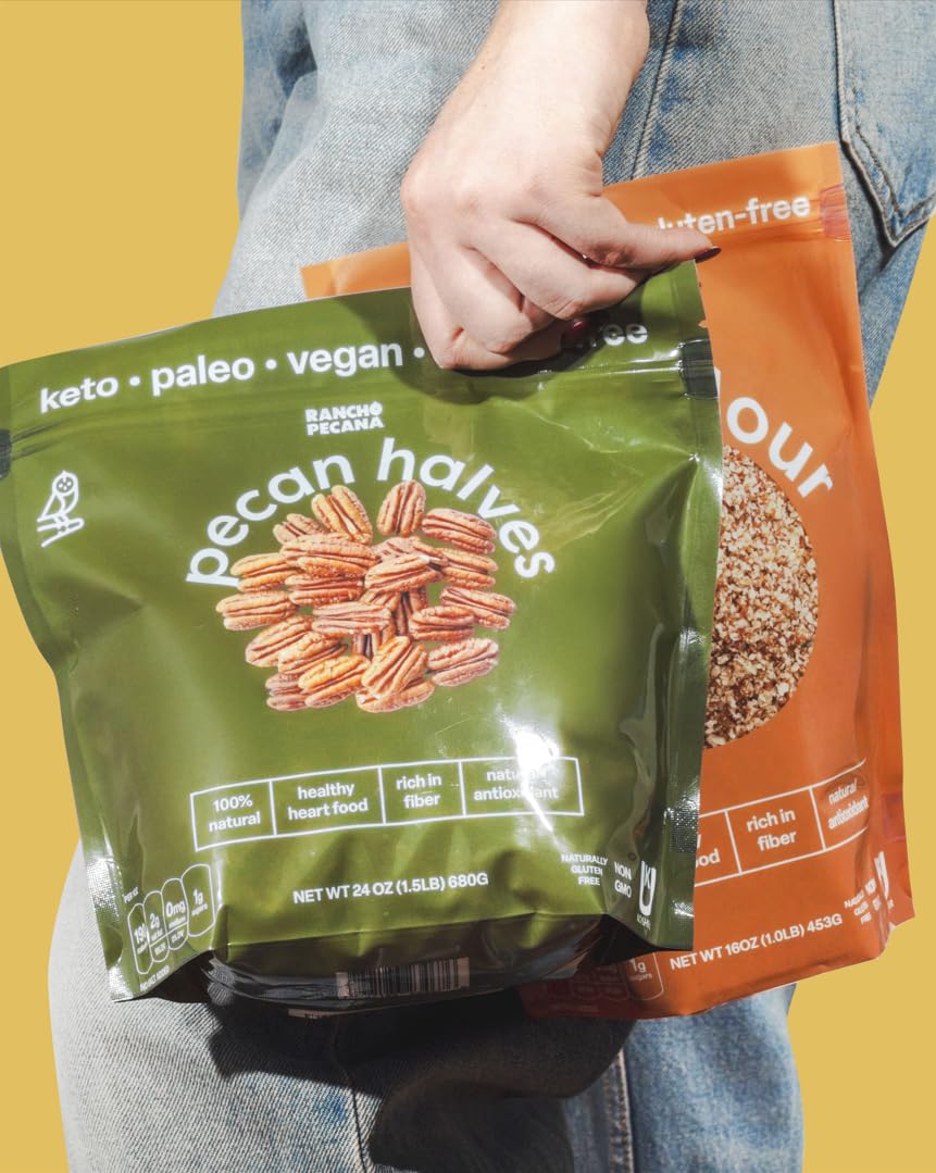 RANCHO PECANA - Natural Pecan Halves, 2 LB, Grain Free, Gluten Free, Non-GMO, Vegan Snack, Organic Nuts, Kosher, Keto, 3g Protein per 1 oz, Resealable Bag