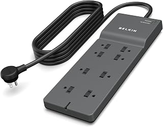 Belkin 8-Outlet Surge Protector Power Strip, 2500 Joules Protection, 8ft Flat Plug Extension Cord, UL Certified for Home Office Electronics
