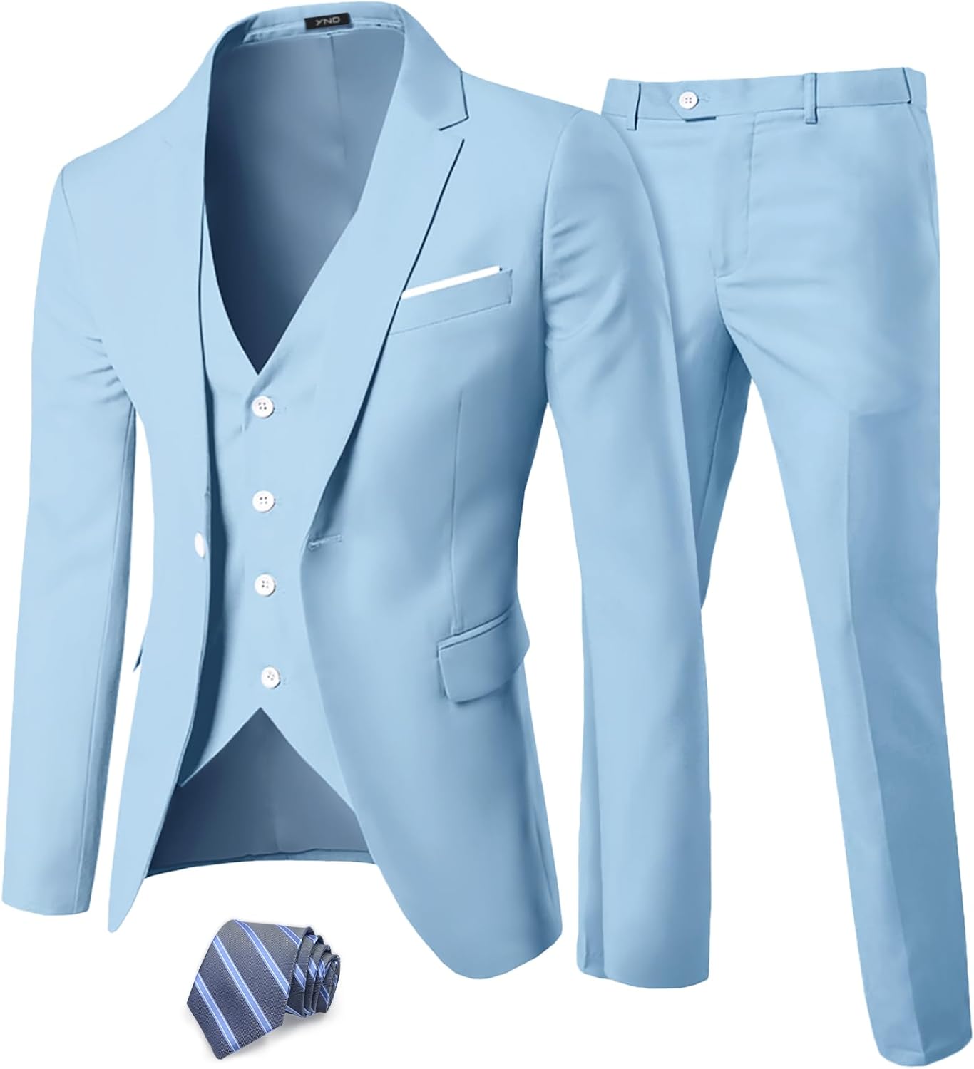 YND Men's Slim Fit 3 Piece Suit, One Button Solid Jacket Vest Pants Set with Tie