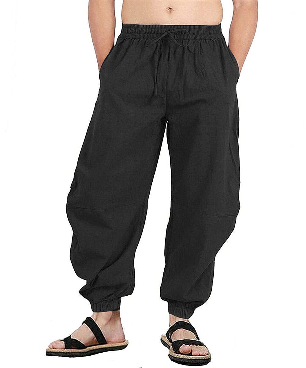 perdontooMens Casual Cotton Linen Pant Elastic Waist Drawstring Yoga Jogger Pants