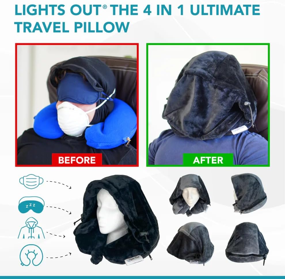 Lights Out Hooded Travel Pillow - Memory Foam Neck Support with Germ Shield Hood for Airplane Sleep Privacy, Ultra Plush Fleece, Micro Air-Fiber Beads, Chiropractor Recommended (Adjustable)
