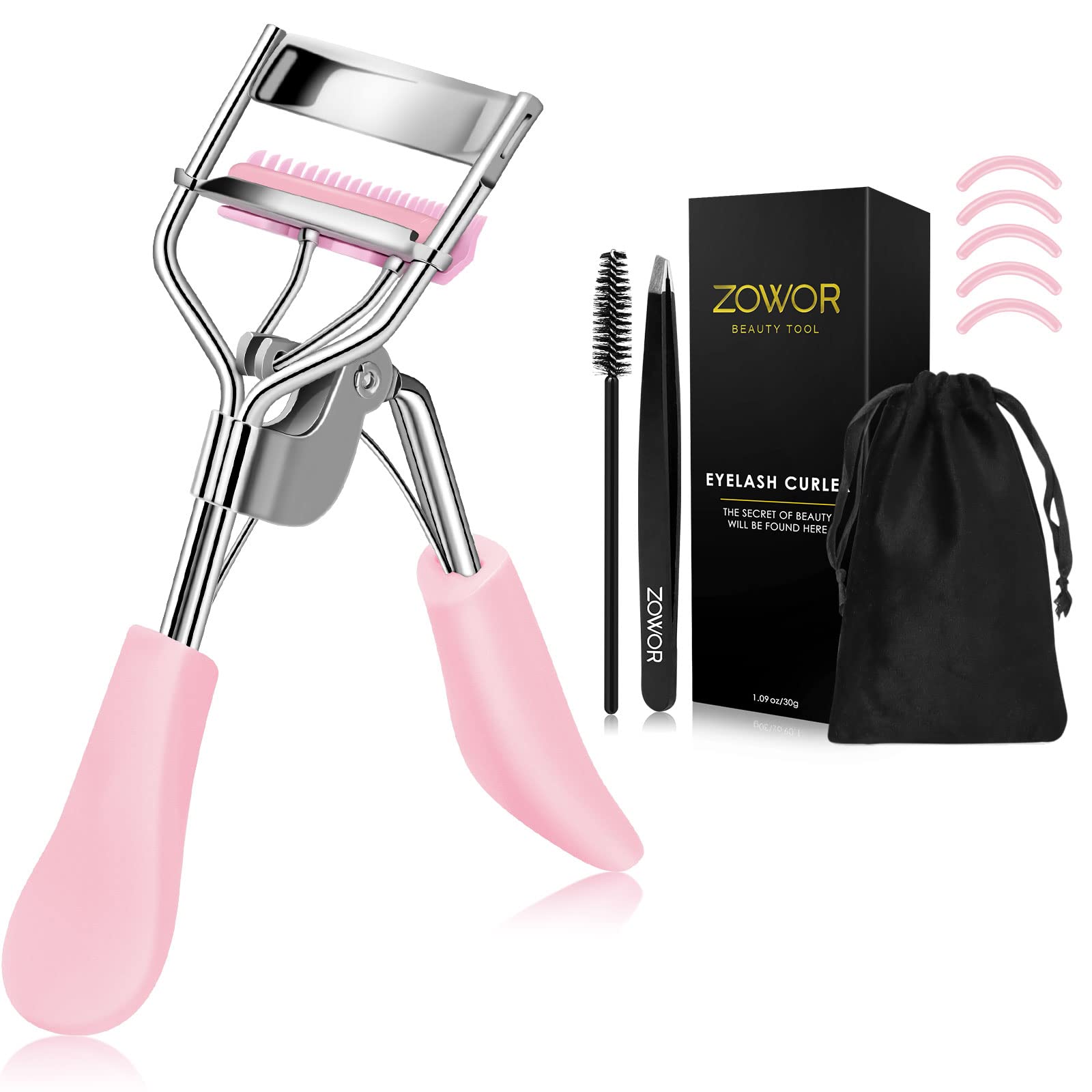 Zowor Eyelash Curler with Comb Fit All Eye Shape Curved Eyelash Curlers,Natural and Long Lasting Lash Curler for Women Make Up Gift(Pink)