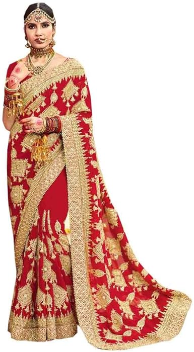 Red heavy work bridal saree Clearance