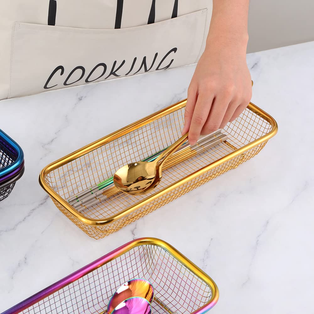 Organizer per cassetti da cucina, vassoio impilabile in metallo per utensili e posate, design a rete iridescente