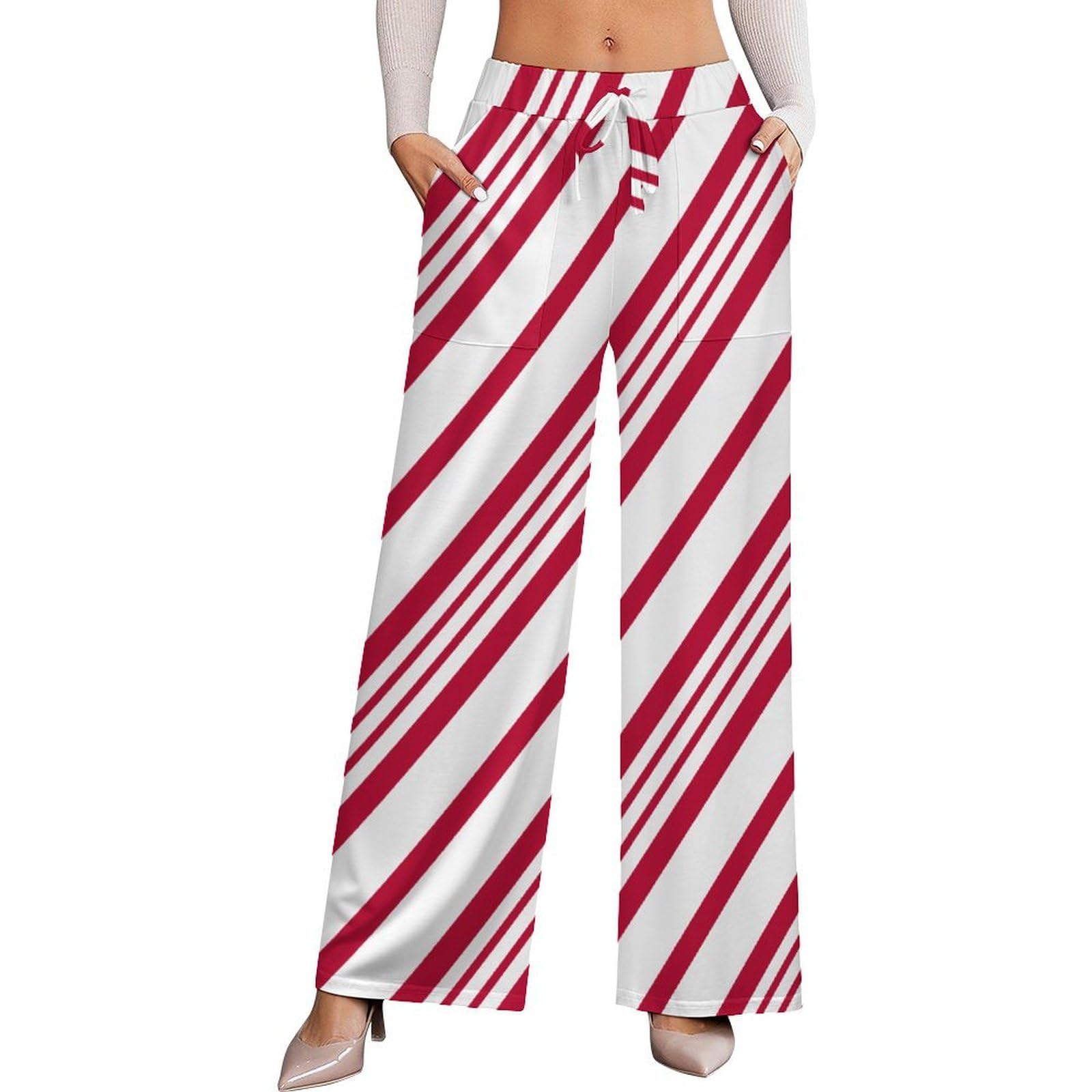 Brown Blue Tartan Plaid Womens Wide Leg Pants High Waisted Elastic Casual Sports Pants