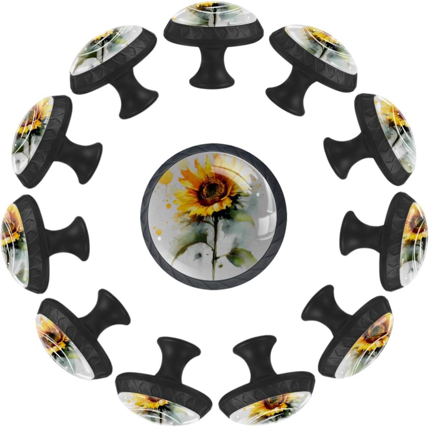 Black Base Watercolor Art Sunflower (1) Furniture Knobs, Sturdy Cabinet Pulls with Screws for Home Renovation