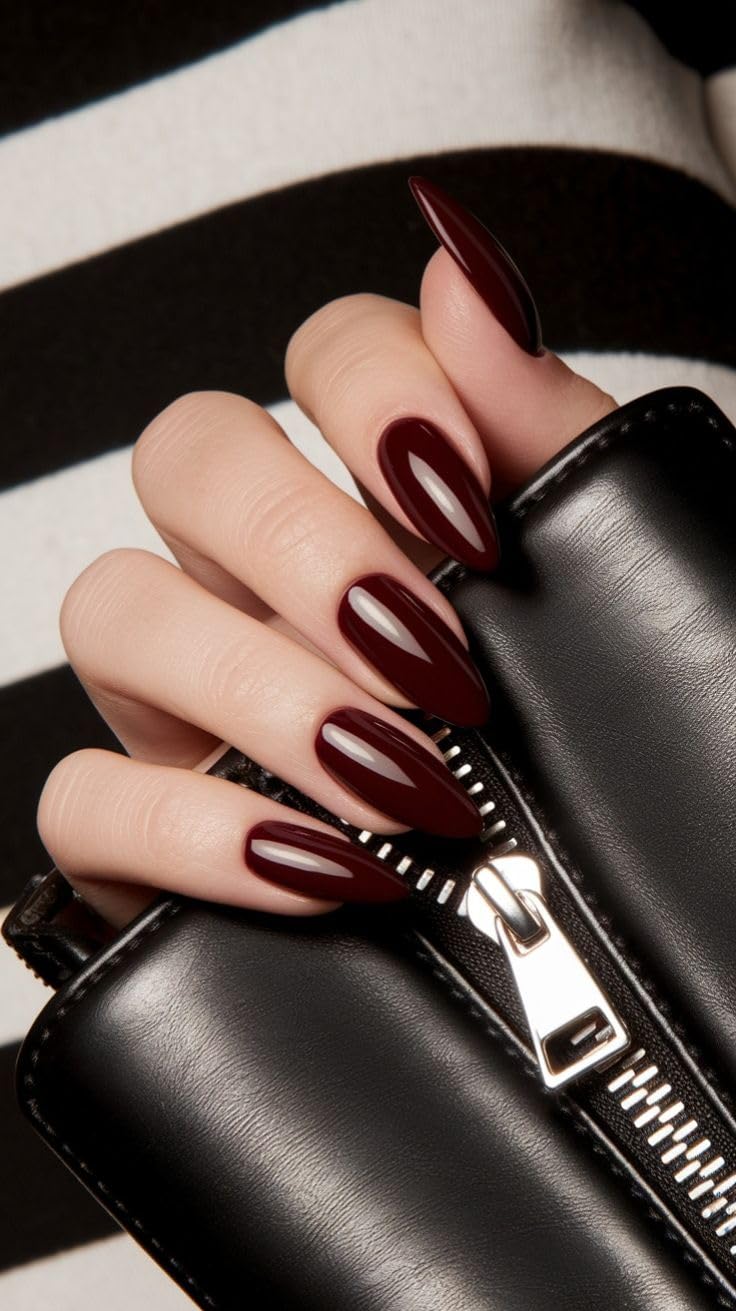 set of 14pc, press on artificial nail, long almond shape, dark maroon glossy finish extensions for women with free glue kit