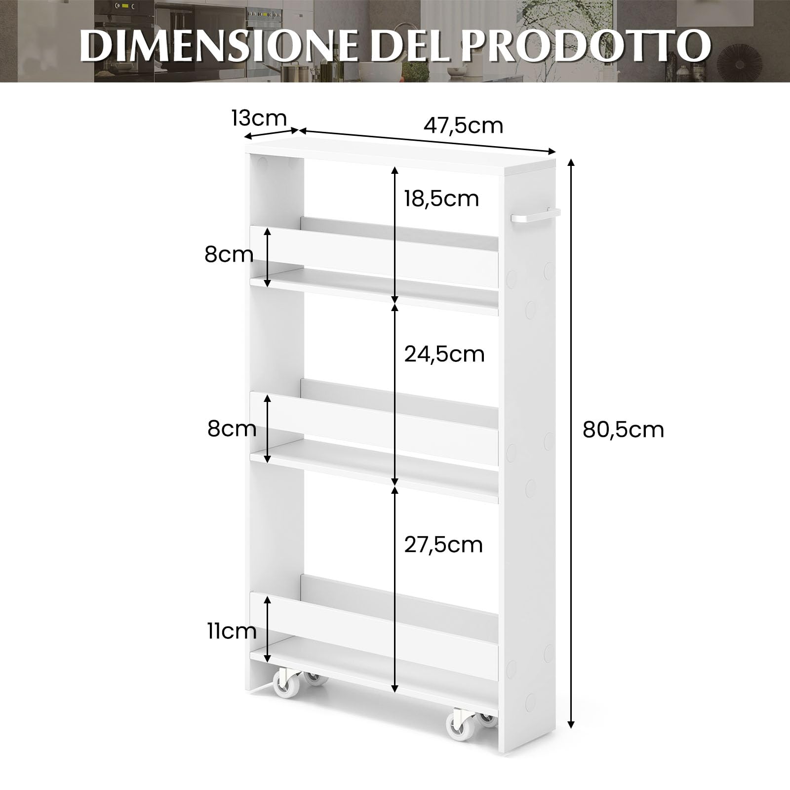 GYMAX Carrelli Portaoggetti a 4 Ripiani, Carrello con Ruote Salvaspazio con Maniglia, Carrello a Scaffale Slim Stretto in Legno per Cucina, Bagno, Lavanderia, 47,5 x 13 x 80,5 cm (Bianco)