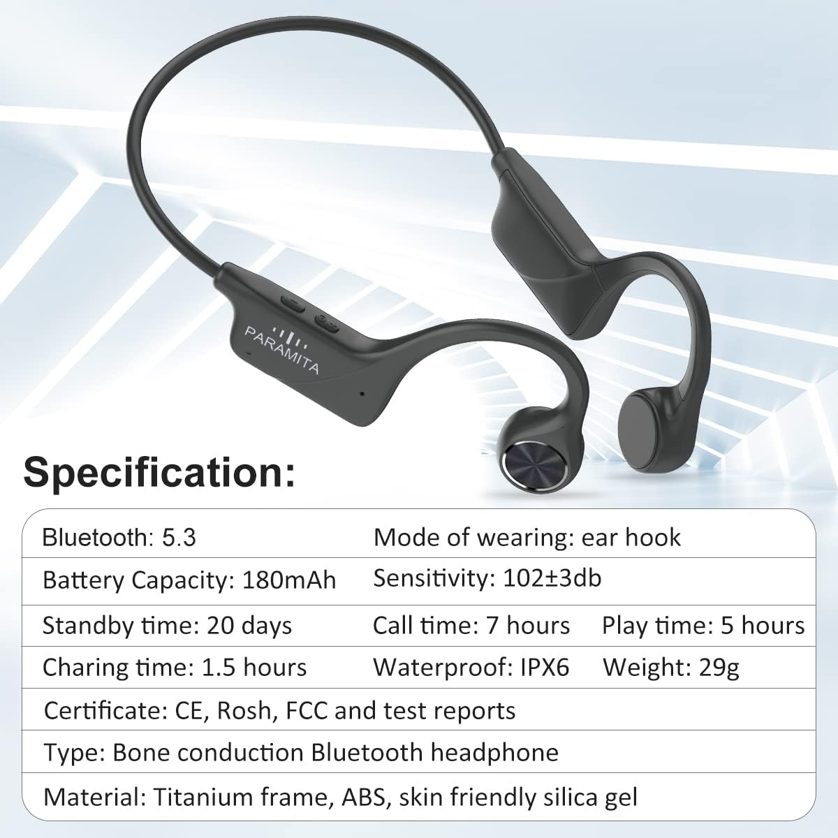 PARAMITA Bone Conduction Earphone,Type-c Wireless Bluetooth Headphones,Waterproof Sports Headset with Mics,for Workouts Running Driving