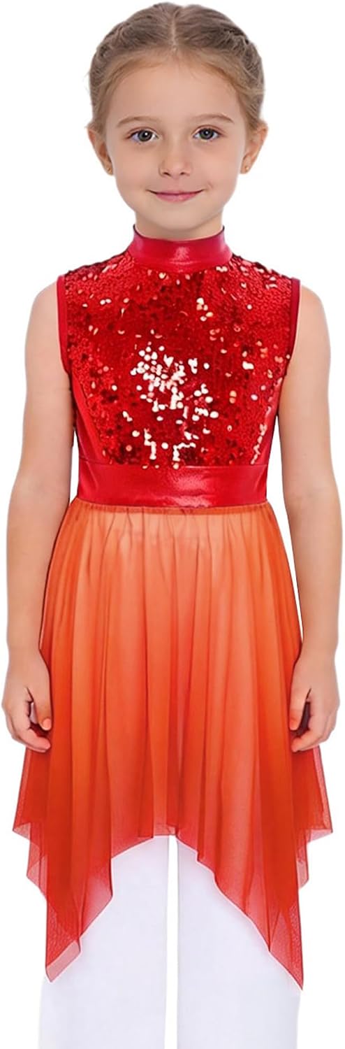 Freebily Girls Lyrical Praise Dance Dress Sparky Sequin Sleeveless Asymmetrical Liturgical Worship Tunic Overlay