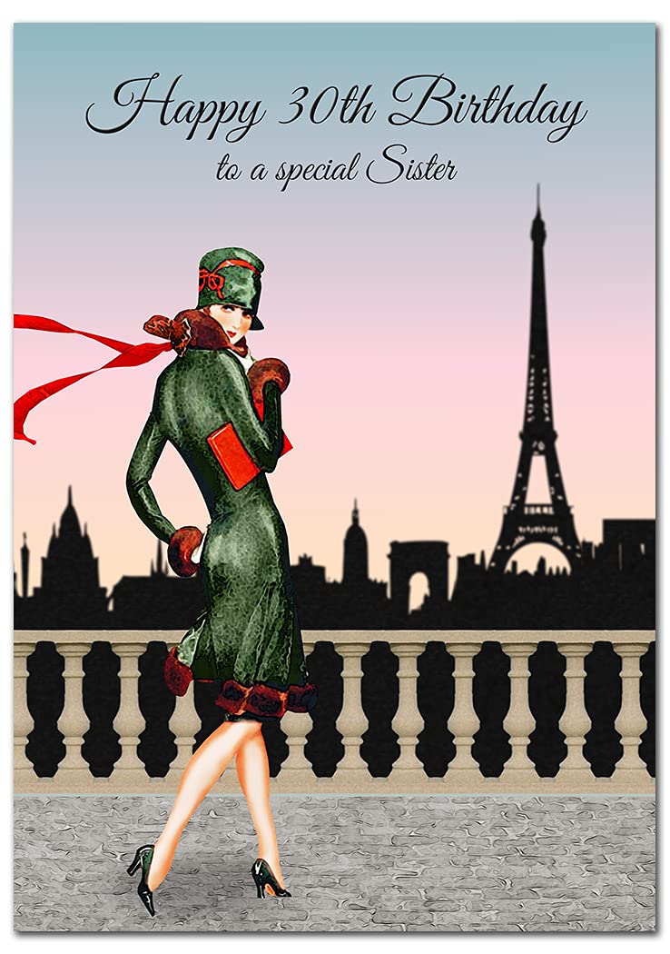 Extra Large Sister 30th Birthday Card - XL Big thick A4 size - Special Age Year Greeting Her Women Female - Beautiful Art Cool Flapper 1920 Style Paris - Nice Huge Happy Wishes UK Eco-Friendly — image 1