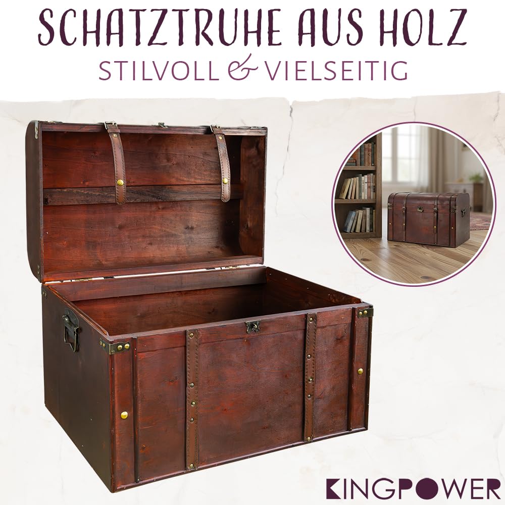 Kingpower Drewniana skrzynia na skarby, z zamkiem i skrzynią skarbów, drewniana skrzynia