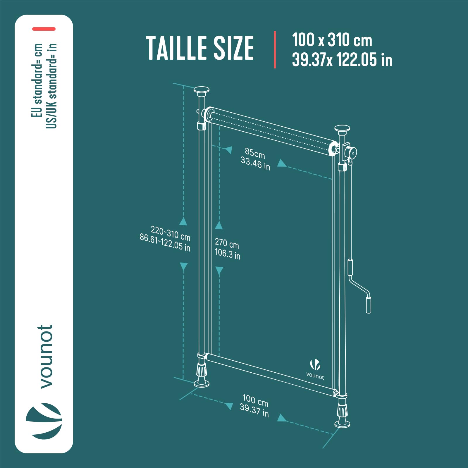 VOUNOT® Tenda da Sole Verticale 100 x 310 cm Senza Fori con Manovella, Tenda Estensibile da Esterno Protezione Solare UV e Resistente alle Intemperie per Balcone, Terrazza e Giardino, Grigio