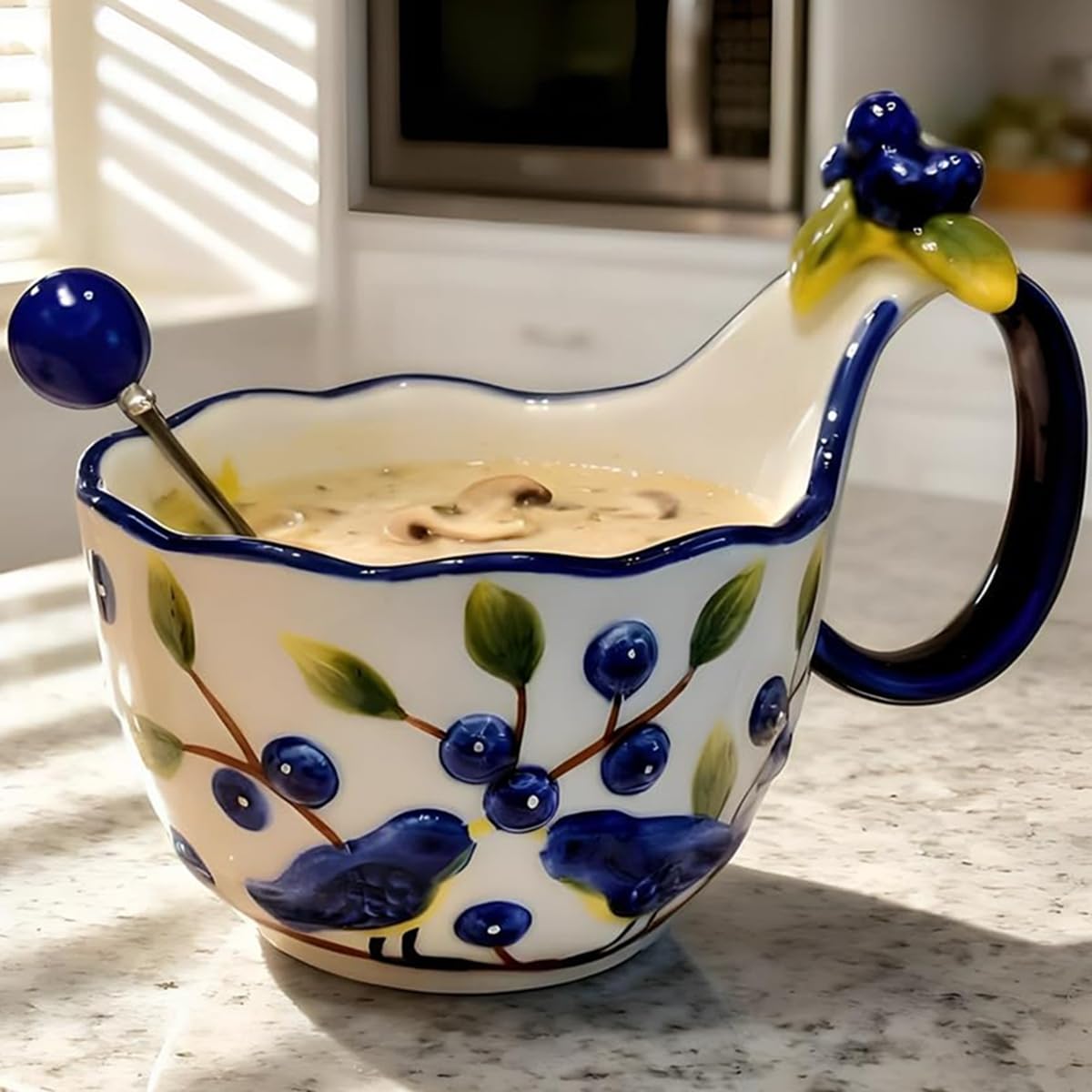 17.64 Oz Microwave Safe Soup Bowl with Loop Handle, Hand Painted Relief Blueberry Decor Mug Big Handle, Ceramic Soup Bowl with Spoon Set for Holding Fruits Cereal Snack, Milk,Ice Cream,Olive and Salsa