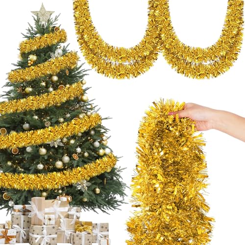 12M Tinsel Garland Metallic Twist Tinsel 9CM Thick Garland Hanging Decorations for Tree Wreath Wedding Events Party Supplies (Gold)