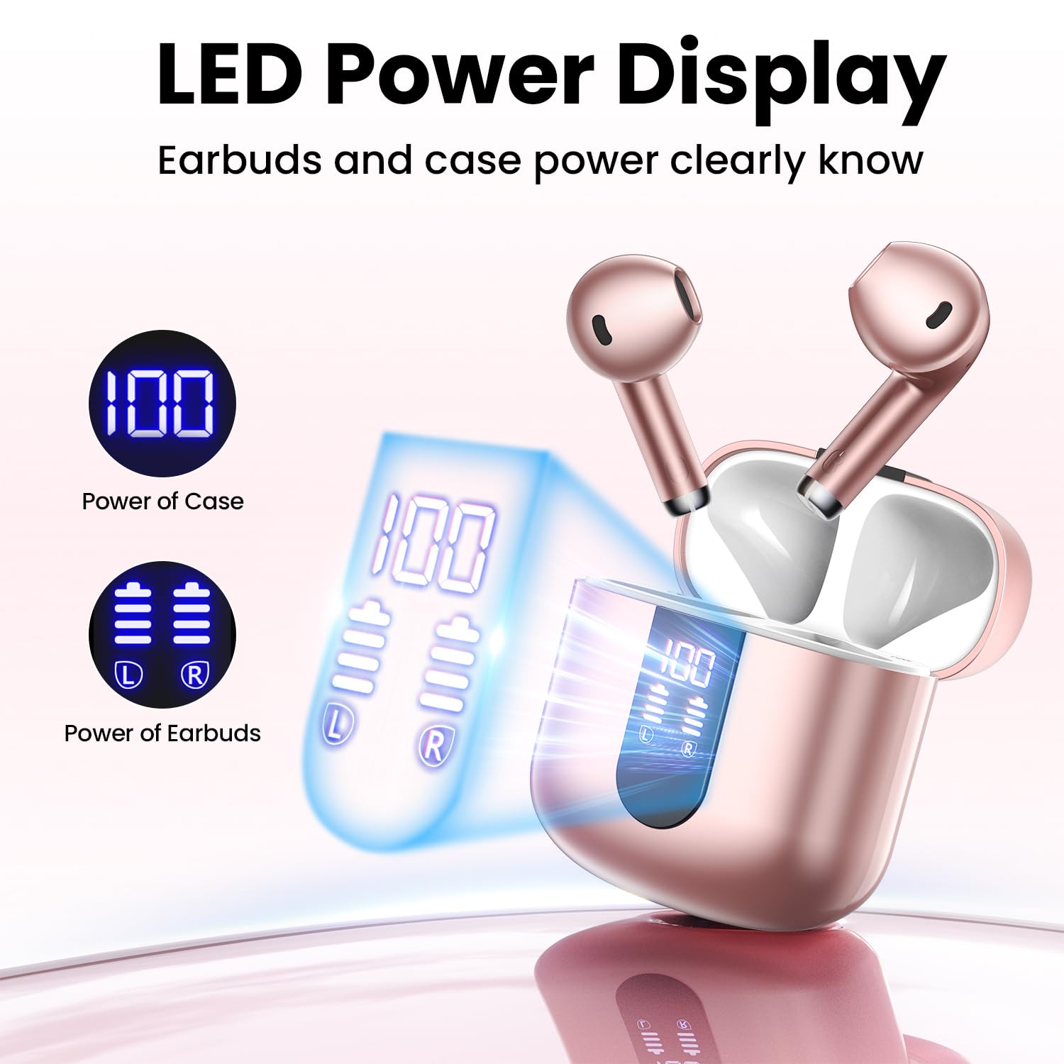 Haqquio Wireless Earbuds, Bluetooth Headphones with Deep Bass Stereo, 48H Playback Ear Buds with LED Power Display, Lightweight, IPX7, in-Ear Earphones with Mic for iPhone/Android/iPad, Rose Gold