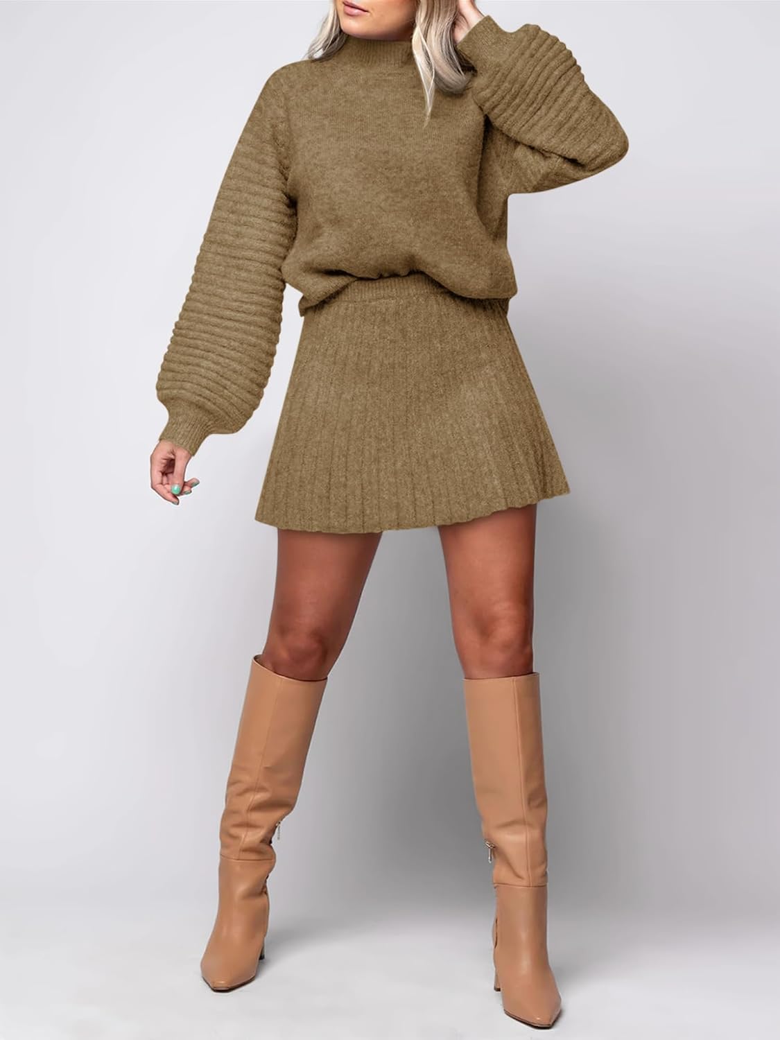 Womens 2 Piece Skirt Sets Fall Fashion 2025 Mock Neck Ribbed Knit Sweaters And Mini Skirt Two Piece Outfits - Image 2
