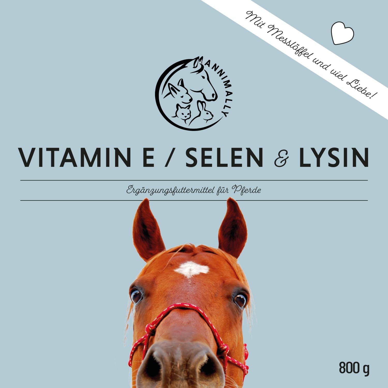 Annimally Selen, Vitamin E, Lysin Pulver für Pferde 800g - Pferd Vitamin E, Lysin, Selen Komplex zur Unterstützung der Muskulatur & Leistung - Ergänzungsfuttermittel für Pferde und Ponys
