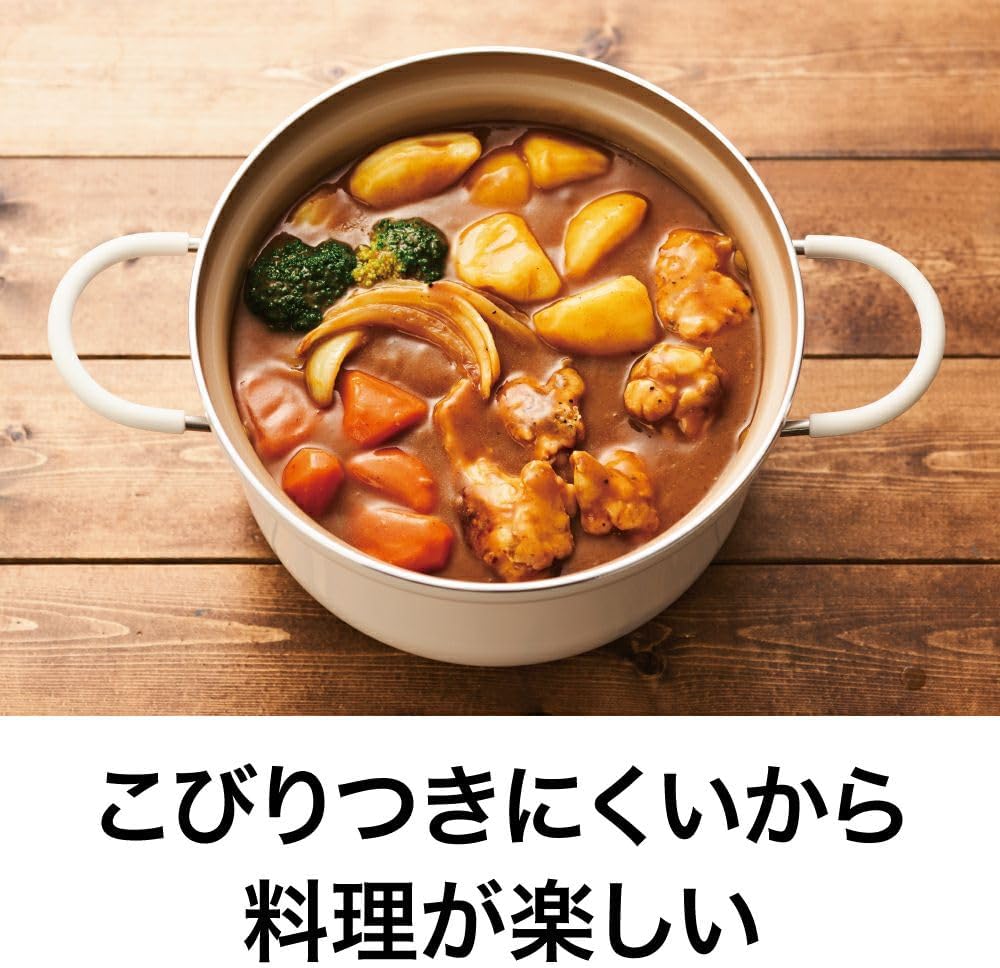 Evercook Double Handed Pot, 7.9 inches (20 cm), Induction Compatible, Gas Fire Compatible, 500 Day Support, Glass Lid, Non-Stick Curry, Stew Pot, Ivory Doshisha