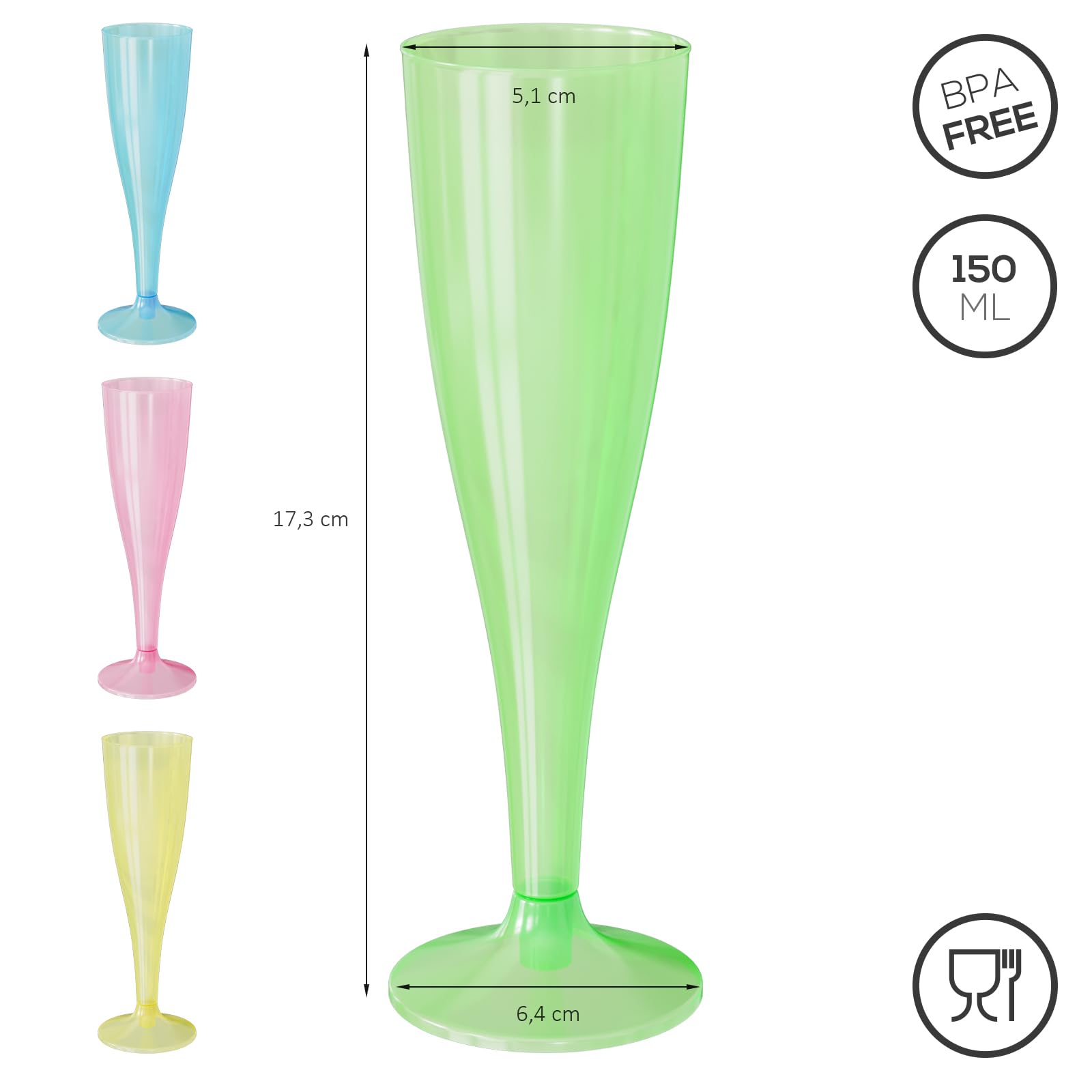 WELLGRO Kieliszki do szampana, zestaw 150 ml, tworzywo sztuczne, kolorowe, przezroczyste, nietłukące, nie zawierają BPA, wielokrotnego użytku, kieliszki do szampana, kieliszek do szampana, kieliszek