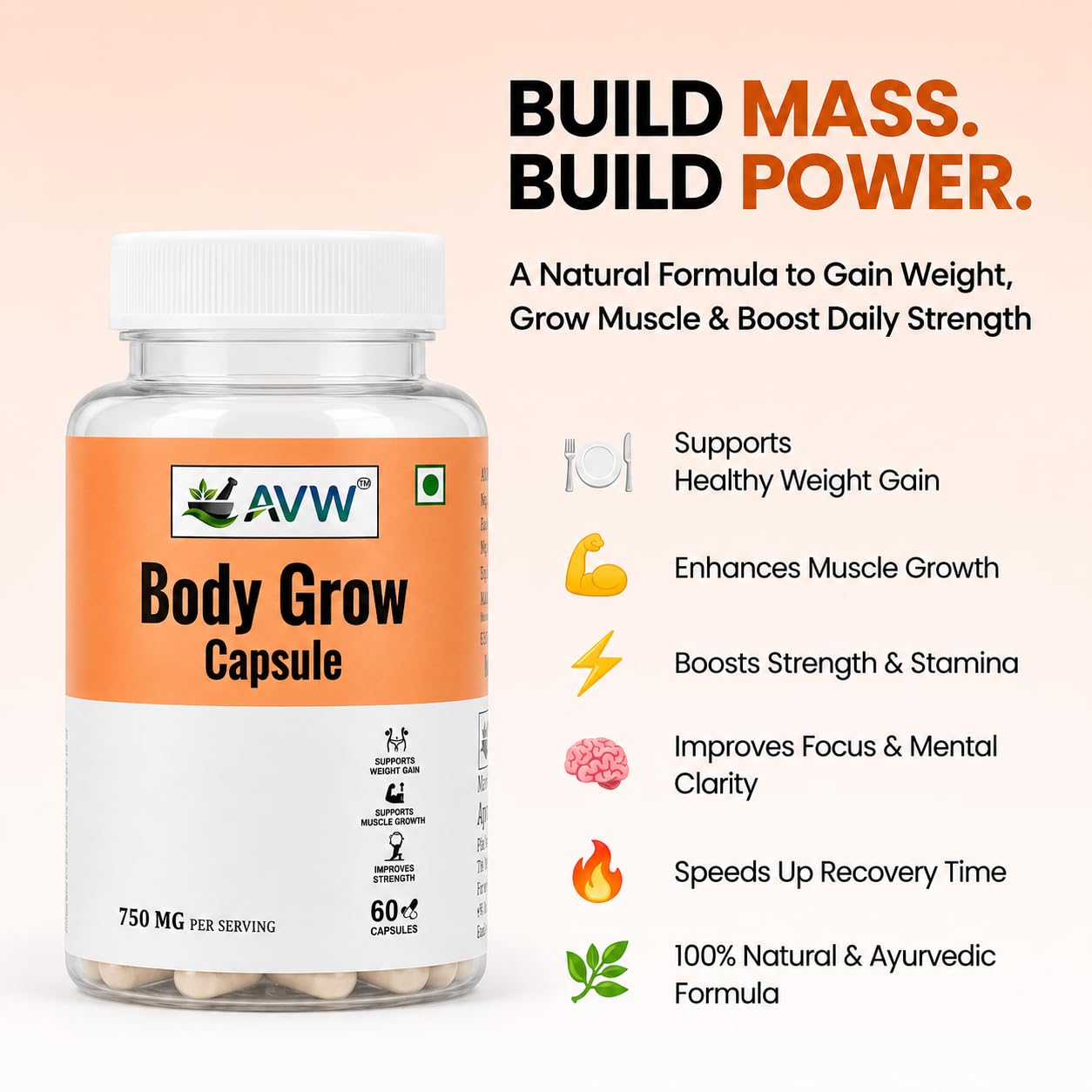 AVW Body Grow Capsules 750mg, 60 Capsules | New & Improved Formula | Ayurvedic Weight Gainer for Digestion & Muscle Mass | 100% Natural for Men & Women | Increases Strength & Appetite Naturally — Amazon image 3