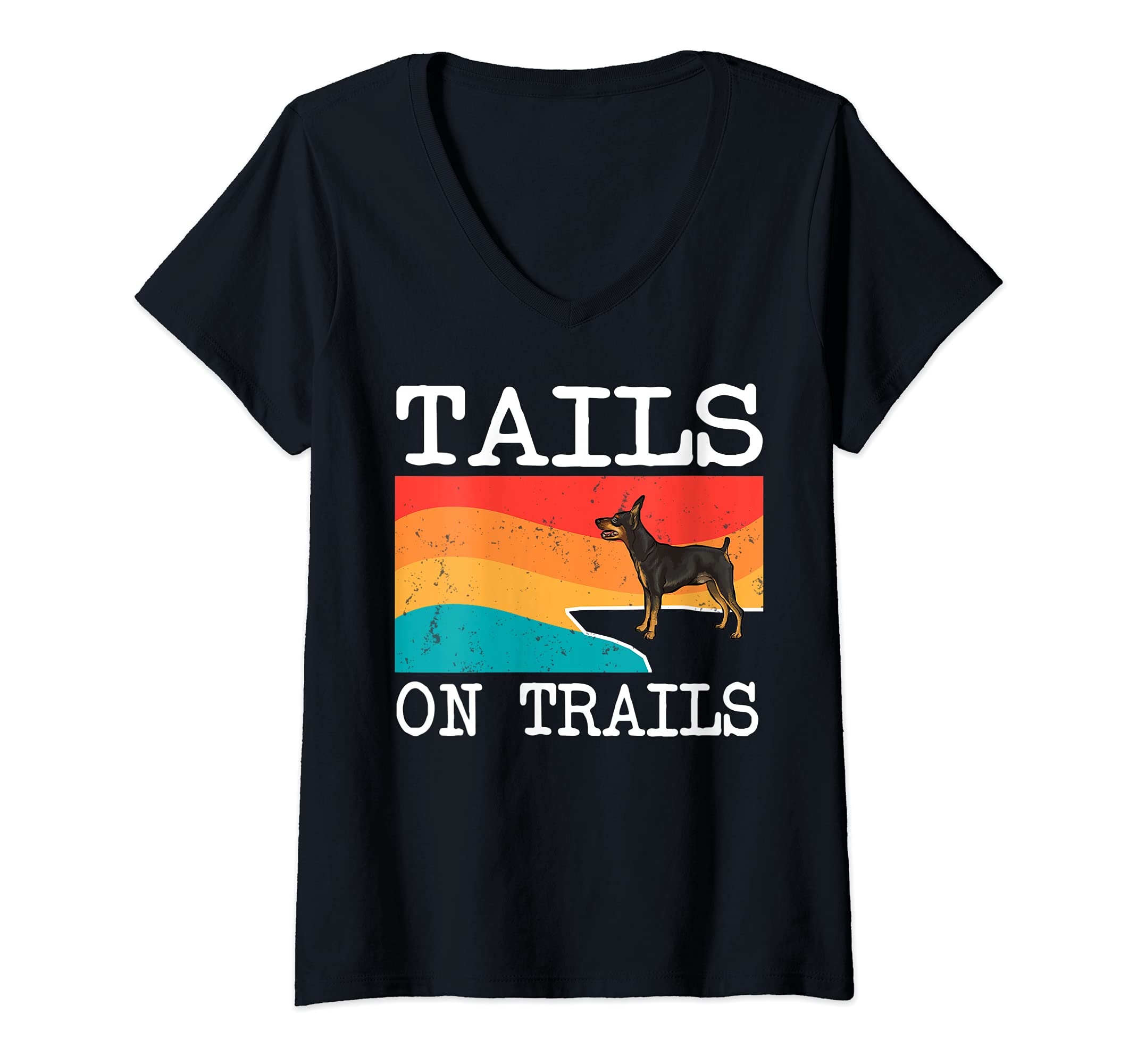 Womens Tails On Trails Miniature Pinscher Dog Funny Hiking V-Neck T-Shirt, Black