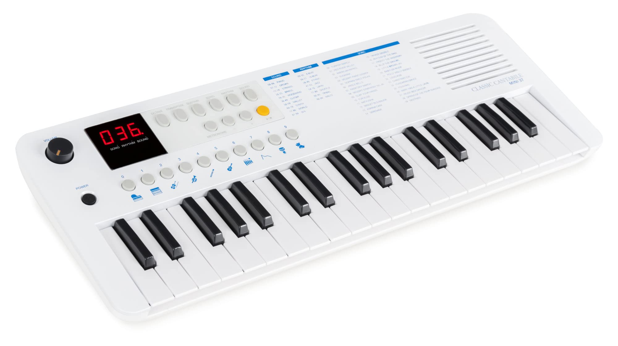 Classic Cantabile MINI-37 Keyboard - 37 Mini-Tasten - Stromversorgung über USB-C oder Batterien - 100 Sounds und Rhythmen - USB-MIDI - Lautsprecher und Kopfhörerausgang - weiß-blau