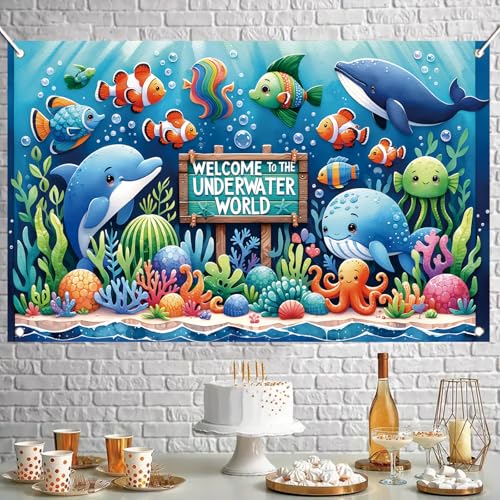 Image of Underwater World Backdrop Banner Ocean Party Decoration Cute Sea Animal Banner for Kids Birthday Baby Shower Photography Background Photo Booth Wall Decor 71 x43 Inch