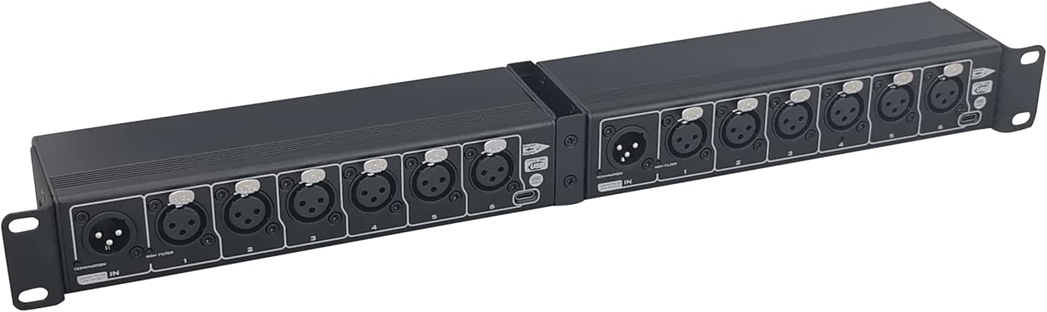 6-port DMX RDM Splitter, Opto-isolated, Open-DMX USB, Power/DMX Through Connectors, Anodized Aluminum 1/2 Rack, 10“/19"Rack/Truss-mount(M10 hole)