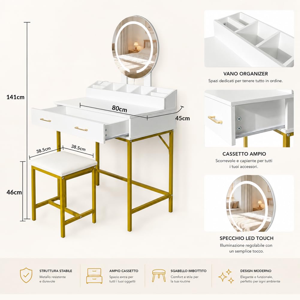 Shally Dogan Toeletta Trucco con Sgabello Bianca Struttura Oro con Specchio LED Touch, Postazione Makeup con Cassetti e Scomparti Ideale per Interni, Casa, Camera da Letto, Cameretta 80 x 45 x 141 cm