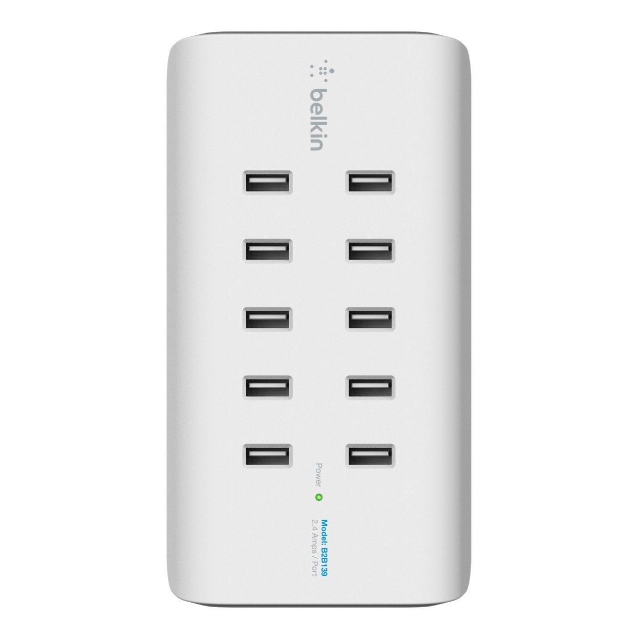 Belkin Rockstar - Cargador de 10 Puertos USB-A, Carga rápida de 2.4 A por Puerto, protección contra sobretensiones integrada, Color Blanco