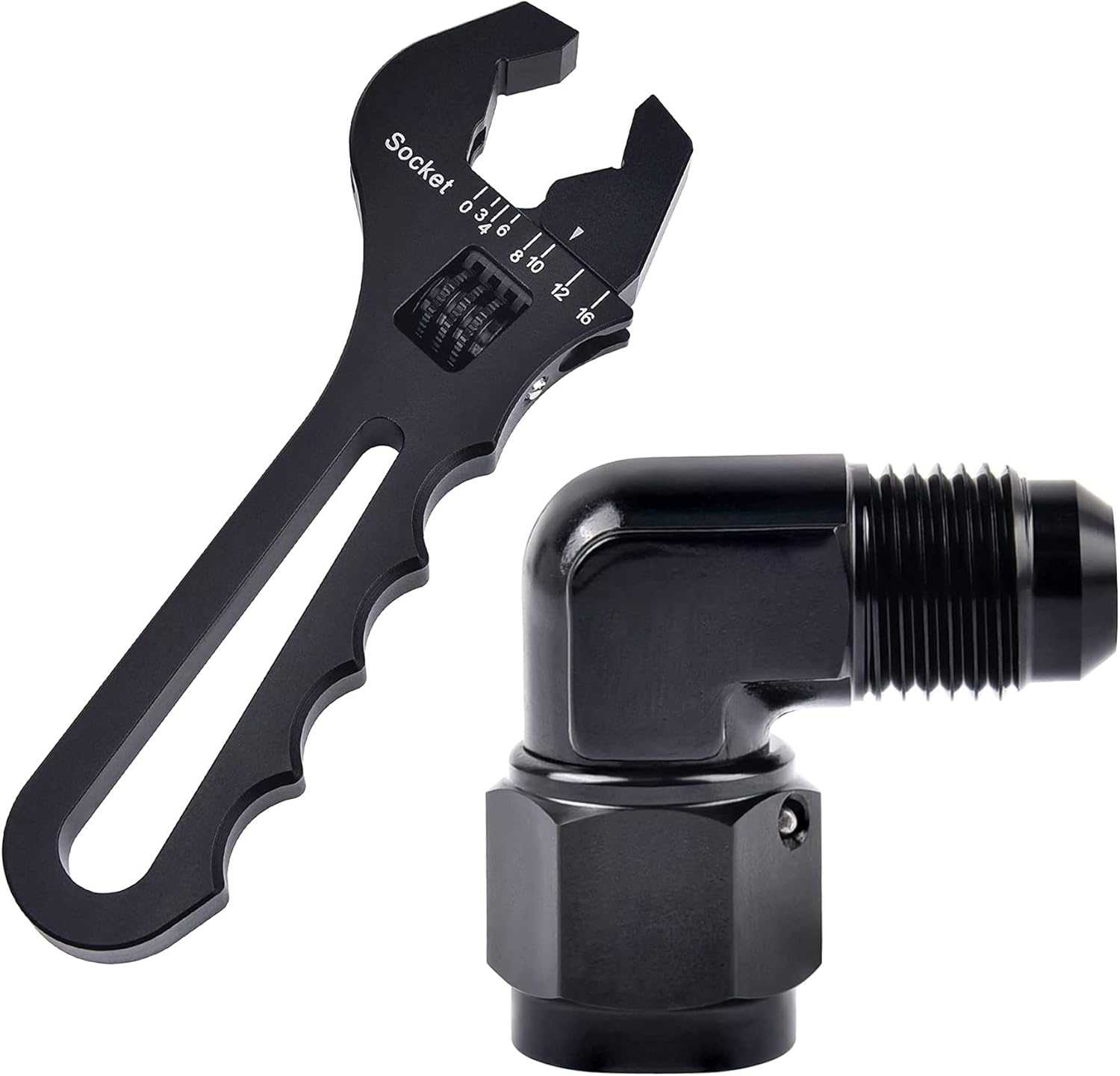 EVIL ENERGY 6AN Female to AN6 Male 90 Degree Swivel Fitting Bundle with Adjustable 3AN-16AN Wrench Aluminum Black