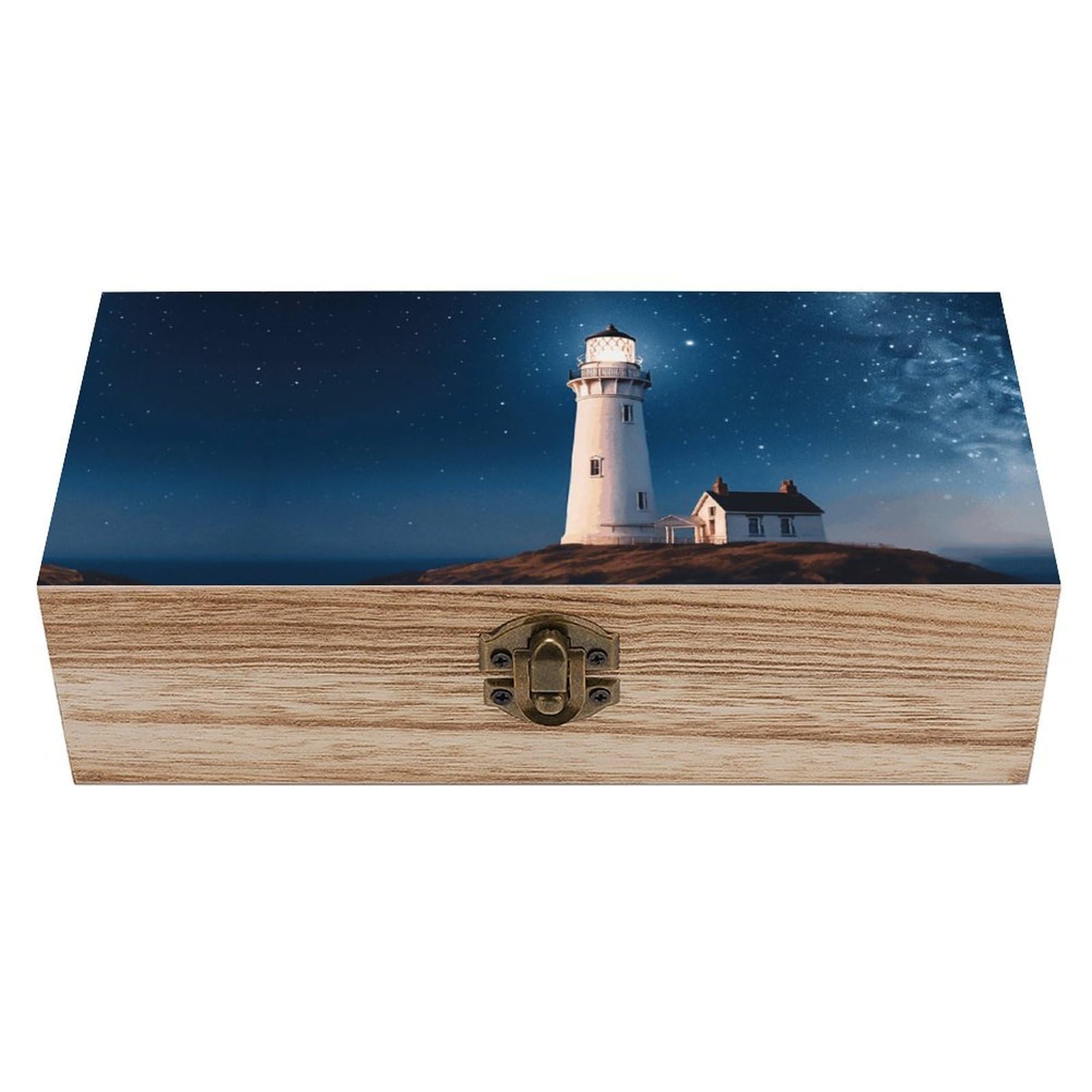 LZQPOEAS Lighthouse Under Starry Night Sky Wooden Storage Box Small Decorative Box with Hinged Lid Handmade Elegant Keepsake Storage Box for Jewelry, Photos, Trinkets, Letter Gifts, Small Heirlooms