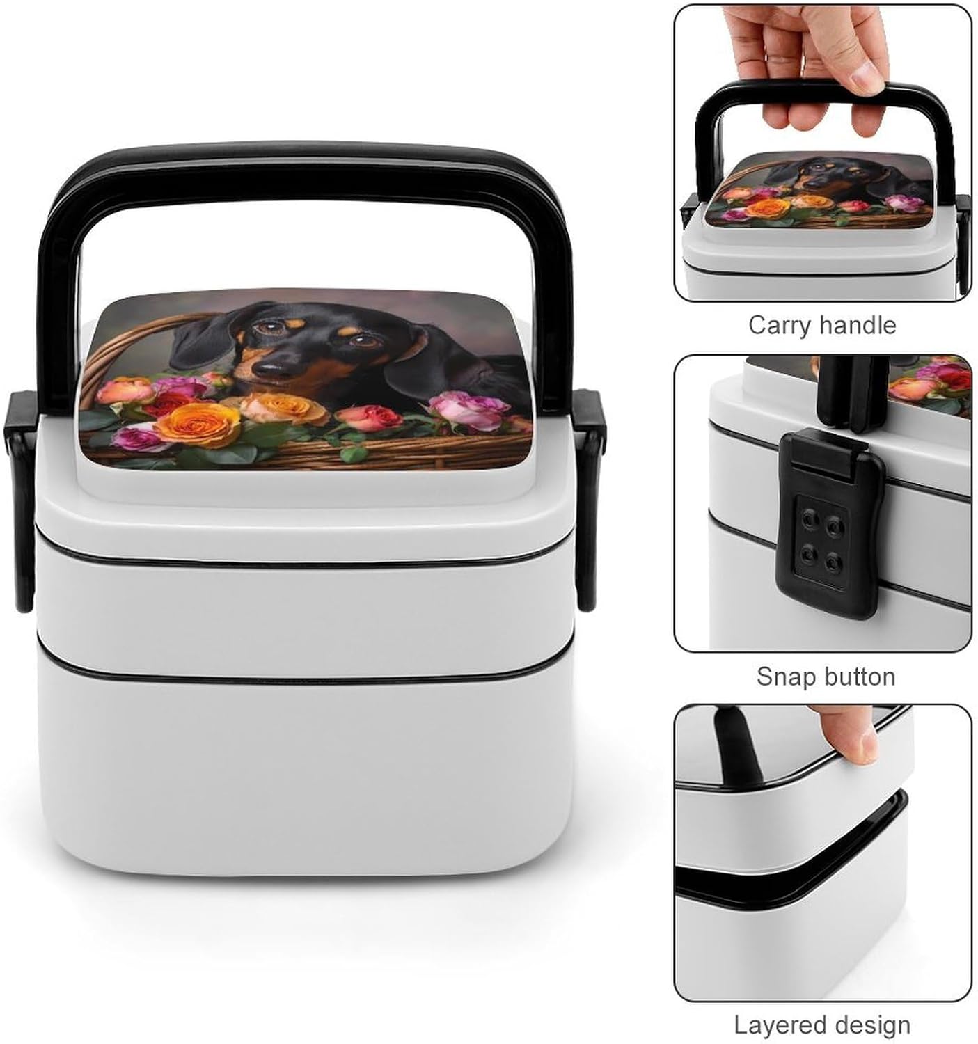Dachshund Flower Bento Box with Spoon 2 Layer Food Container Cute Lunch Box for Travel Dining Work