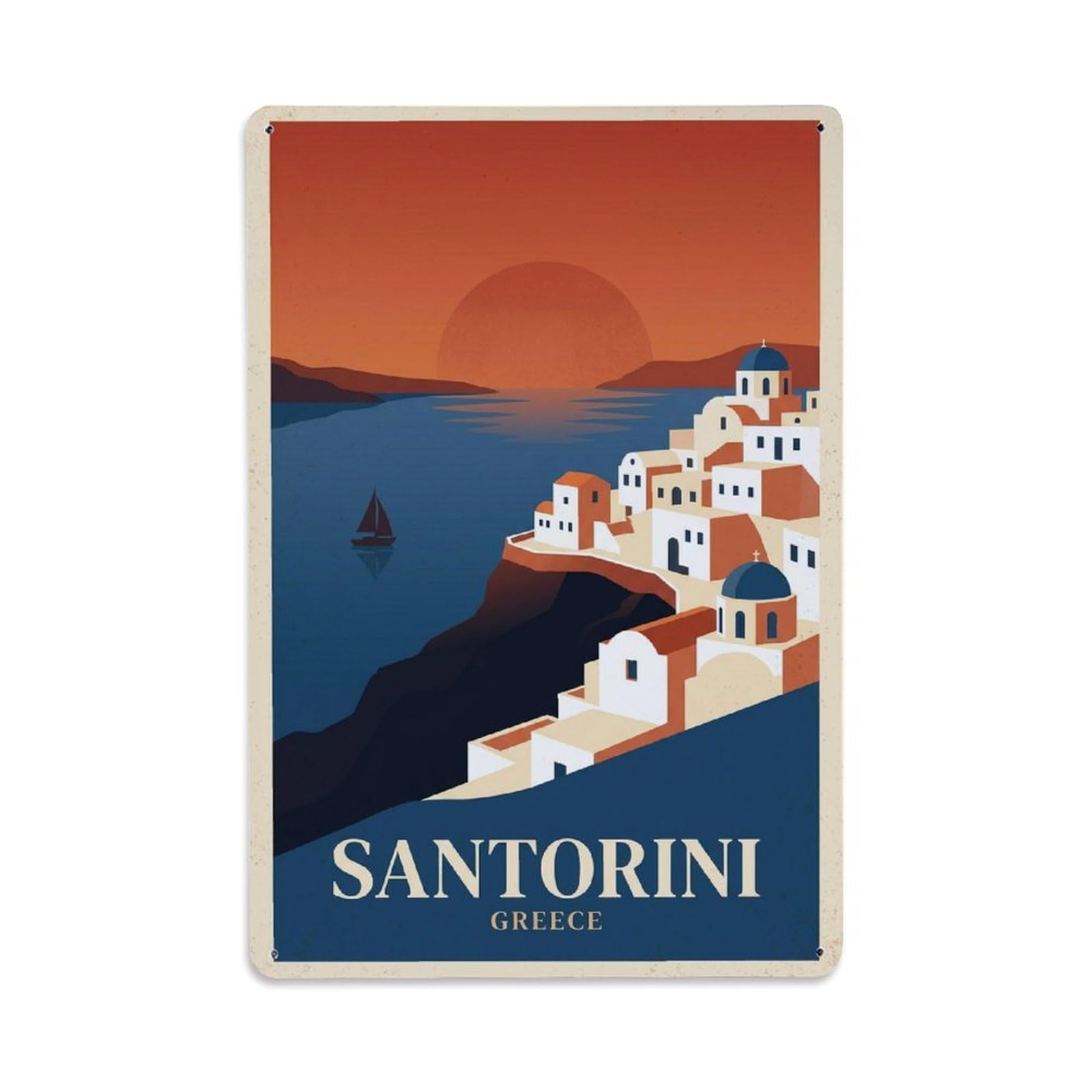 Fyrn Style Metal Tin Sign Vintage Travel Santorini Greece Sunset