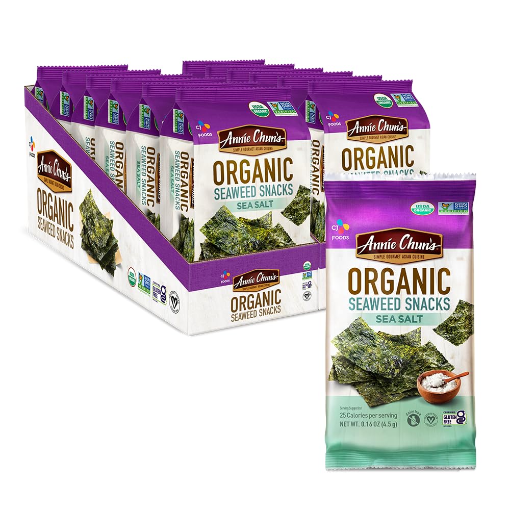 Annie Chun's Organic Seaweed Snacks, Sea Salt, USDA Certified Organic, Vegan, Gluten Free & Non-GMO, 0.16 Oz (Pack of 12)