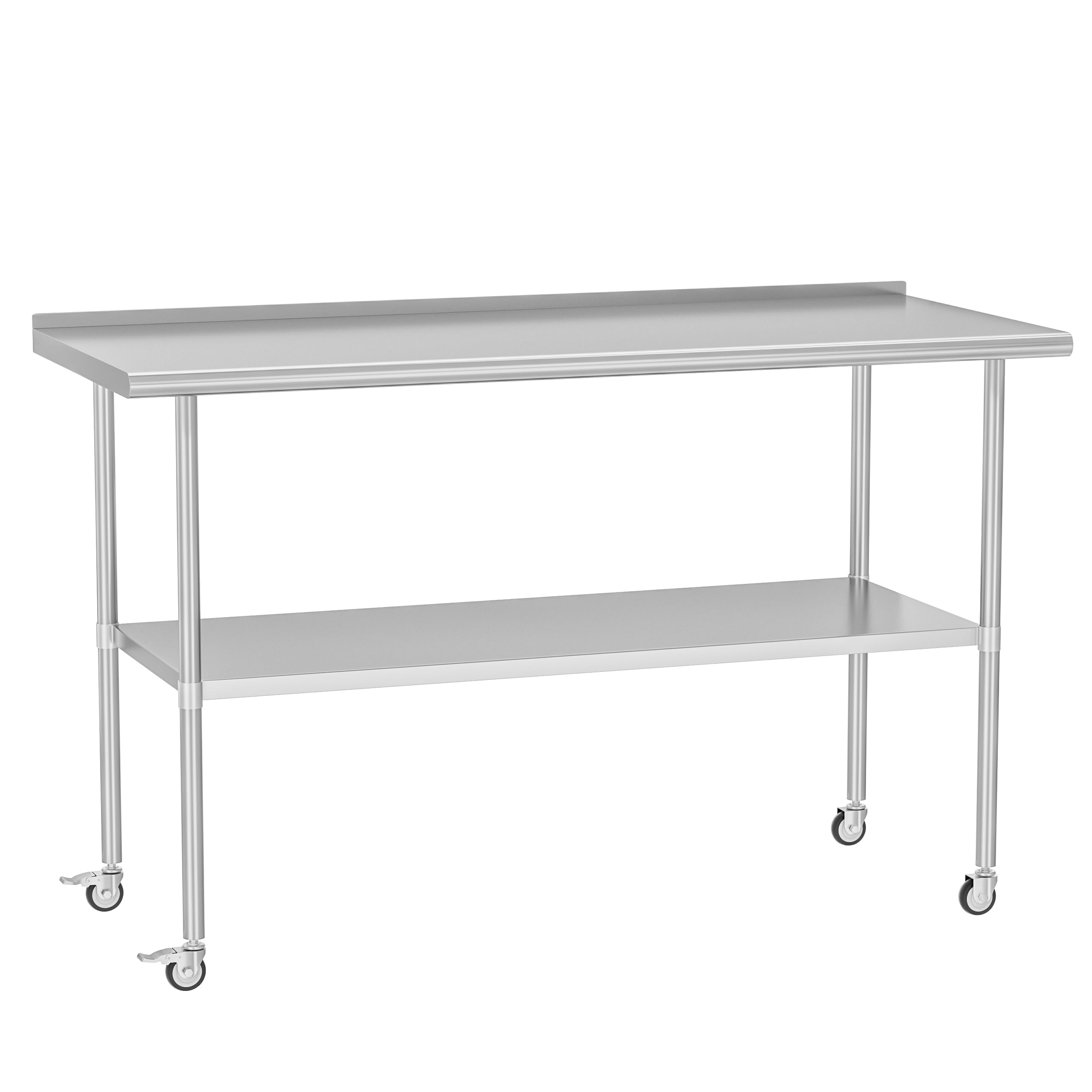 Mesa de acero inoxidable con ruedas de 30 x 60 pulgadas, mesa de metal para preparación de alimentos con protector contra salpicaduras y estante inferior ajustable, mesa de utilidad para