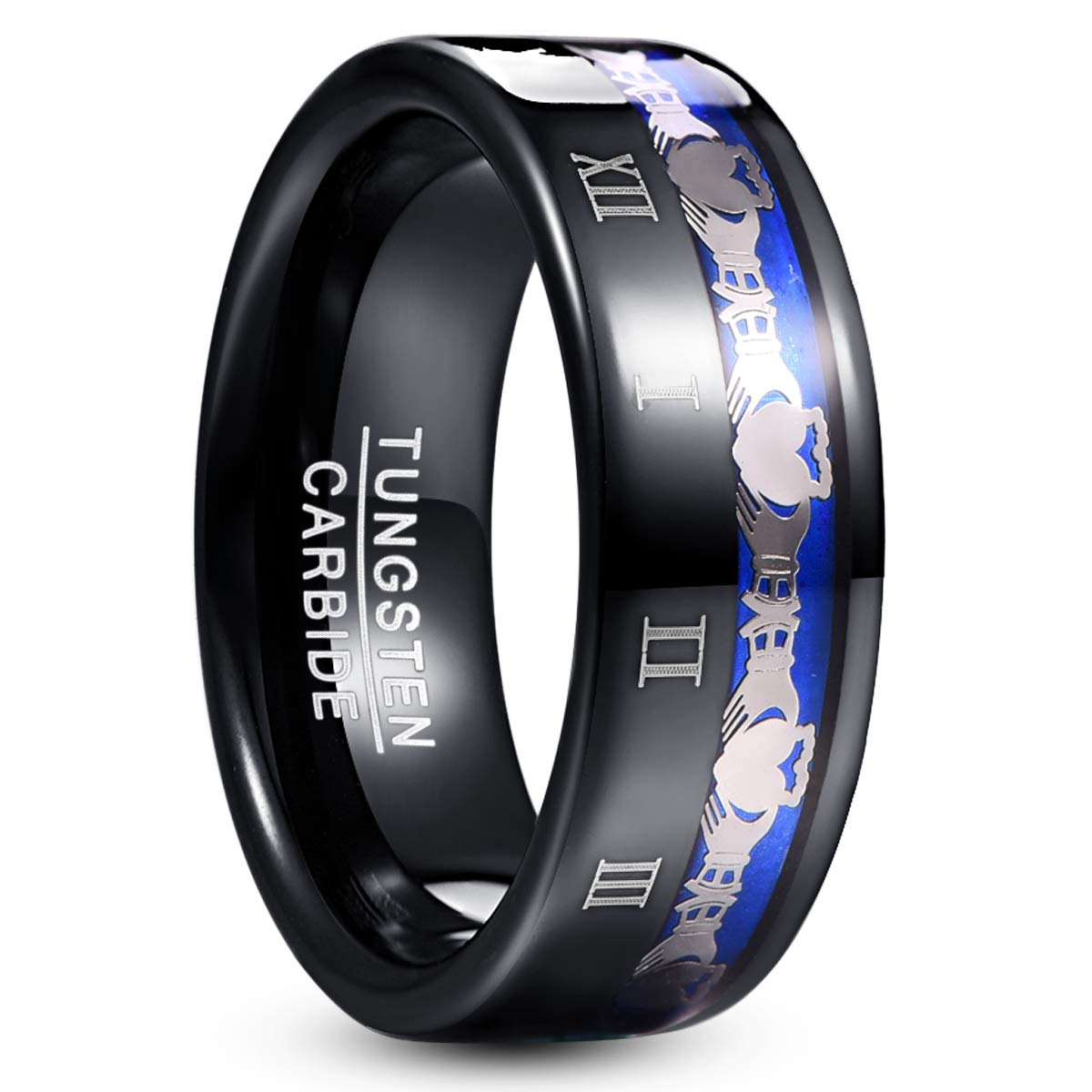 Tungstoryroman Numeral Ring 8mm Black And Blue Tungsten Wedding