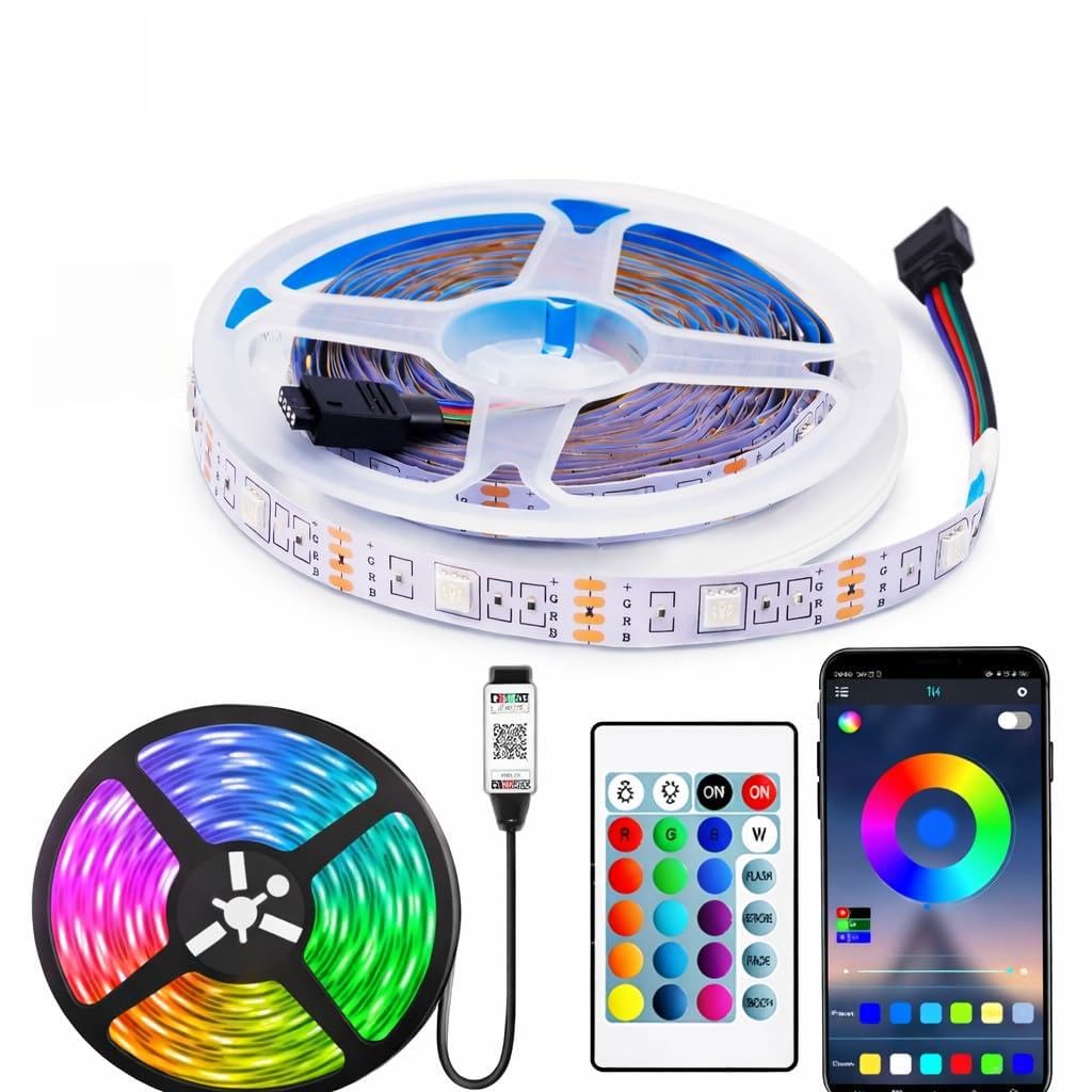 Volunx Rgb Multi-Colour Usb 5050 Rgb Led Strip Lights 5M, Bluetooth App & Remote Control, Music Sync, 16 Colours, Flexible Light Strip For Tv Backlight, Bedroom, Gaming, Car, Party Decoration