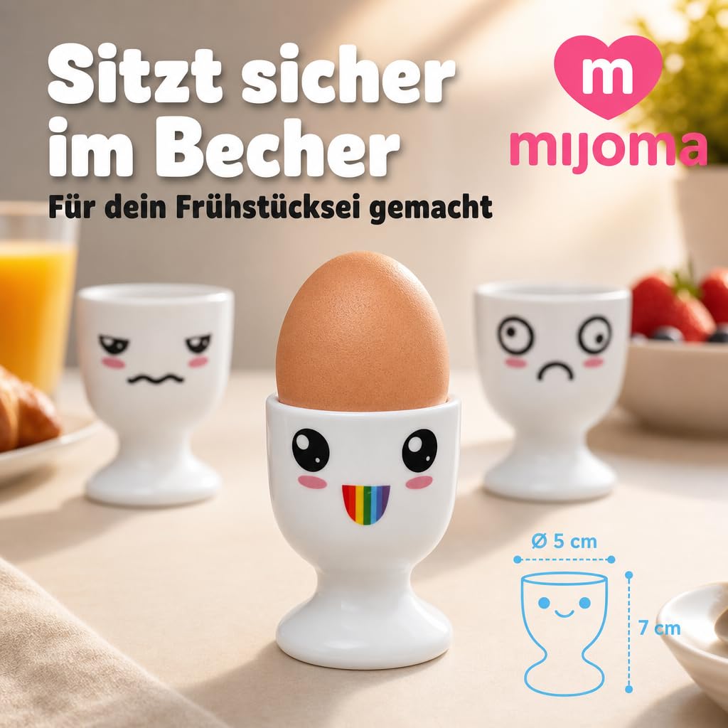 MIJOMA Set di 6 portauova, portauova, bianco con facce, decorazione #3, in porcellana, 6,5 x 5 cm
