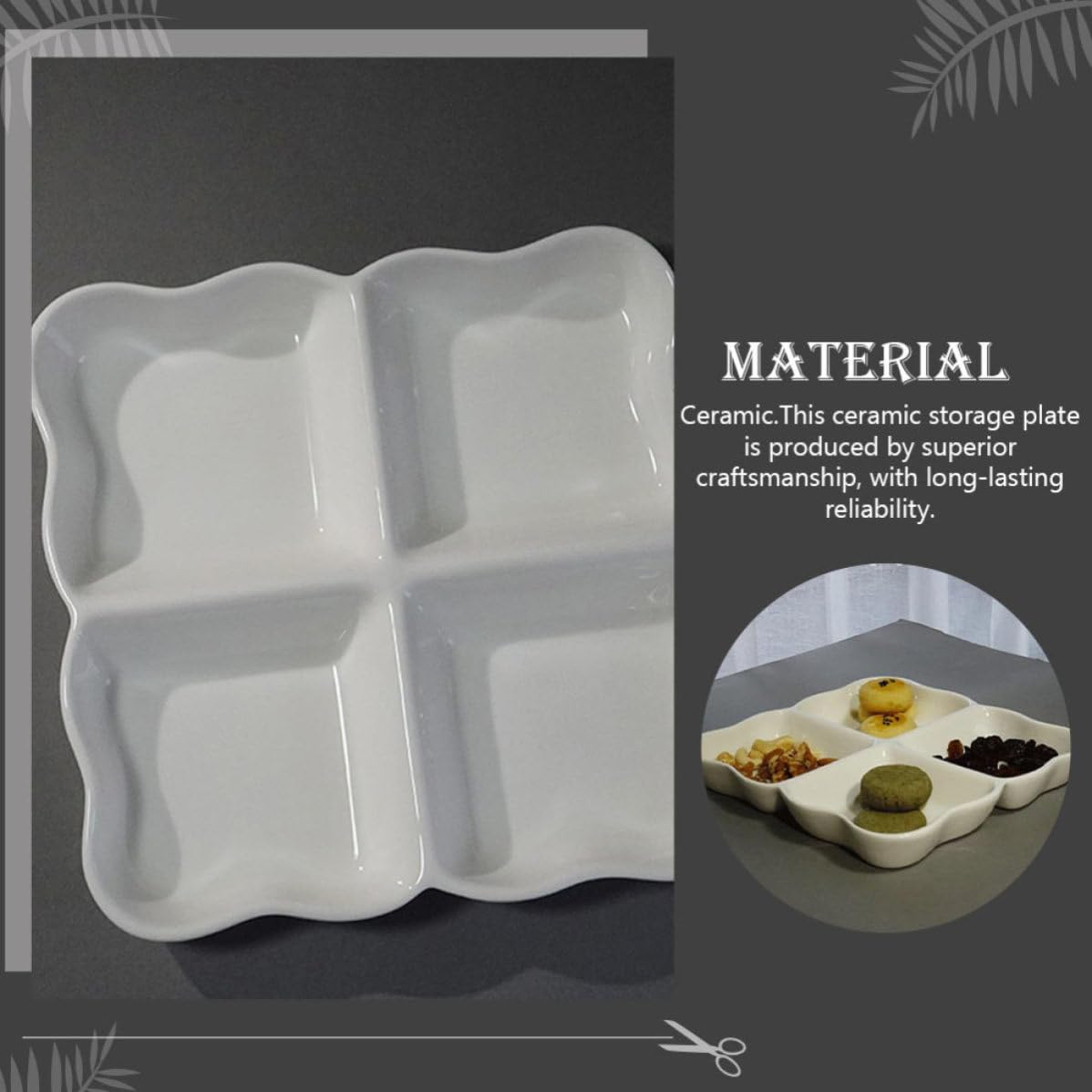 Zerodeko Vassoio in Ceramica Bianco 4 Scomparti per Snack e Frutta, Design Creativo e Aspetto Elegante per Feste di Compleanno e Riunioni Festive Riutilizzabile