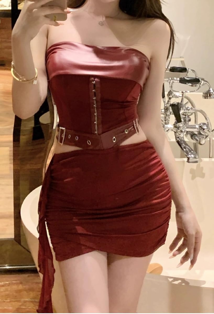 Mandonce Vacation Outfits for Women Sleeveless Off The Shoulder Sheath Bustier Tied Waistband Top and High Waisted Mini Skirt - Image 3