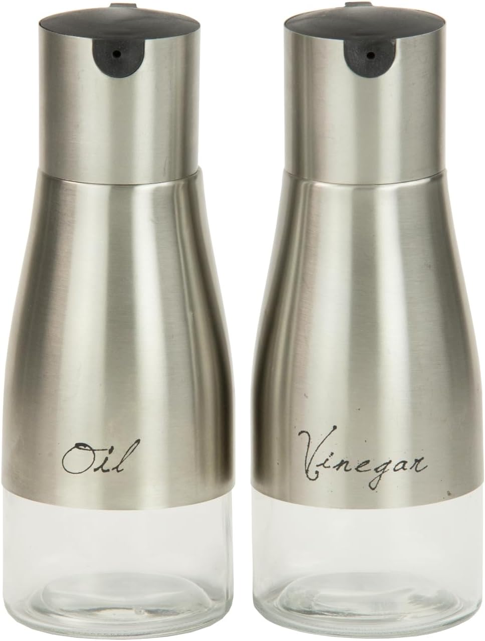 Oil and Vinegar Dispenser Set by Home Basics | Brushed Stainless Steel & Glass Containers with Anti-Drip Spout Lid | Easy Refill with Screw Tops | Labeling in Script "Oil" & "Vinegar" image 3