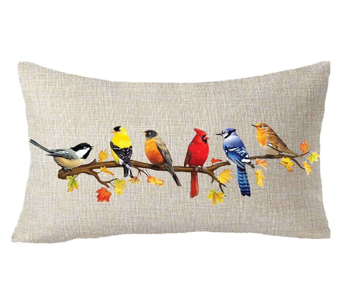 Watercolor Animal Birds Stand On Maple Tree Branch Throw Pillow Cover Cushion Case Cotton Linen Material Decorative 12x20 inches