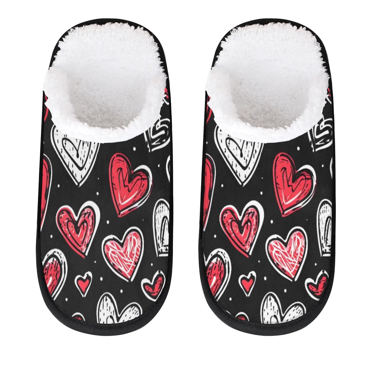 Hsnar Heart on Black Non Slip House Slippers for Women Indoor Slippers for Men Soft House Shoes Spa Slippers, L