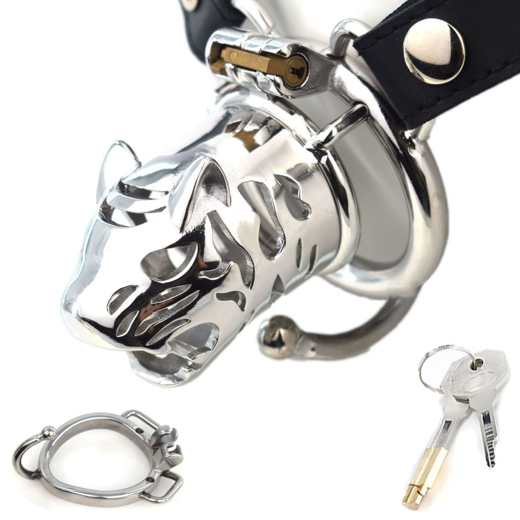 Men's Chastity Belt Extreme Cock Cage, Stainless Steel Tiger Chastity Cage Penis Cage for Men SM Snap Cock Ring Long/Short Metal Animal Head Cock Cage Male Sex Toy,Long/b,50mm