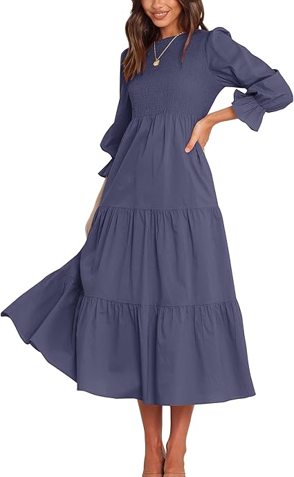 BTFBM Women Casual Long Sleeve Crew Neck Fall Dress Bohemian Relaxed Fit Floral Flowy Maxi Dresses Tiered Cocktail Dress