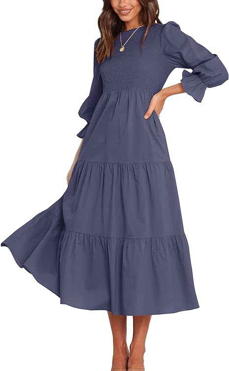BTFBM Women Casual Long Sleeve Crew Neck Fall Dress Bohemian Relaxed Fit Floral Flowy Maxi Dresses Tiered Cocktail Dress