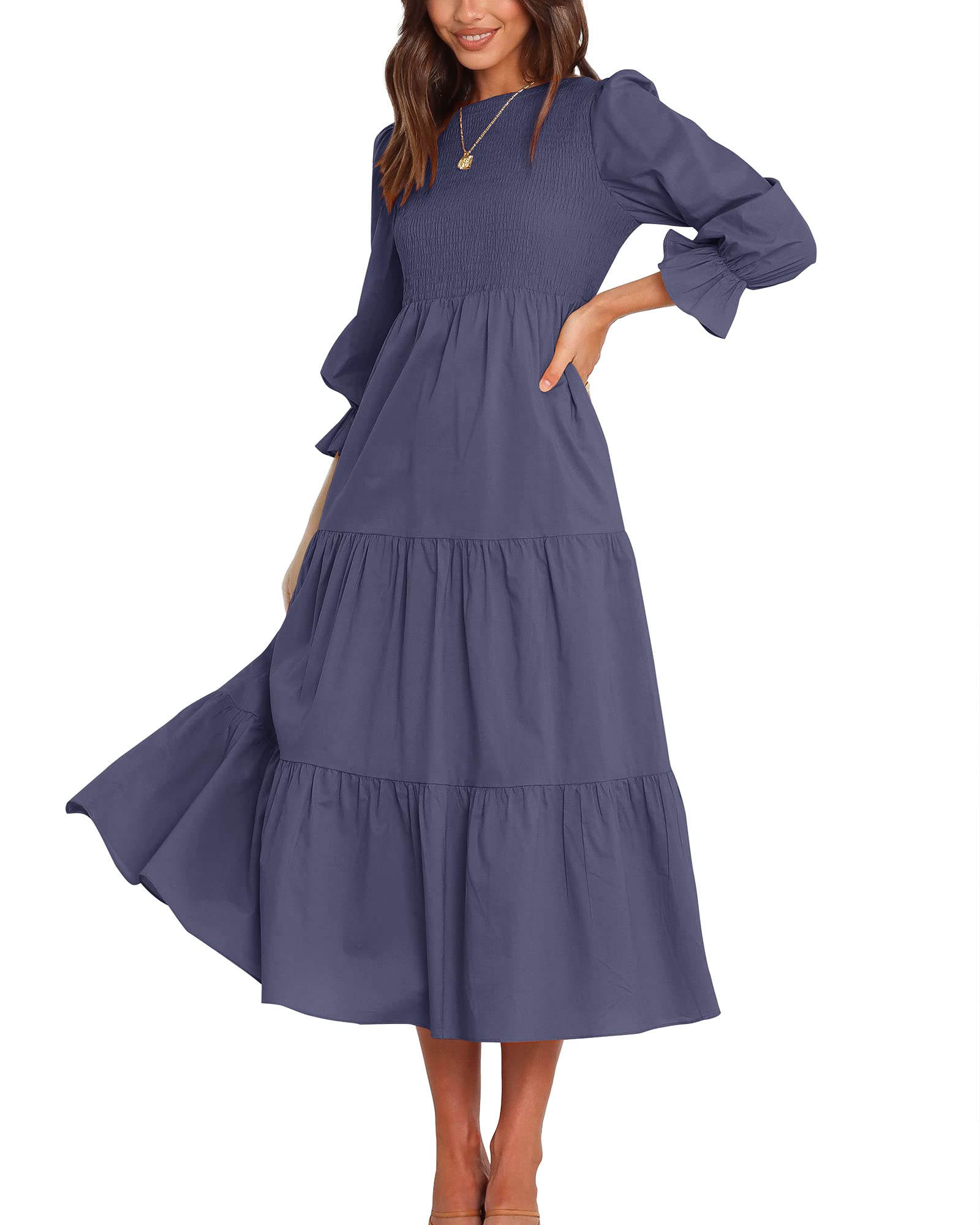 BTFBM Women Casual Long Sleeve Crew Neck Fall Dress Bohemian Relaxed Fit Floral Flowy Maxi Dresses Tiered Cocktail Dress